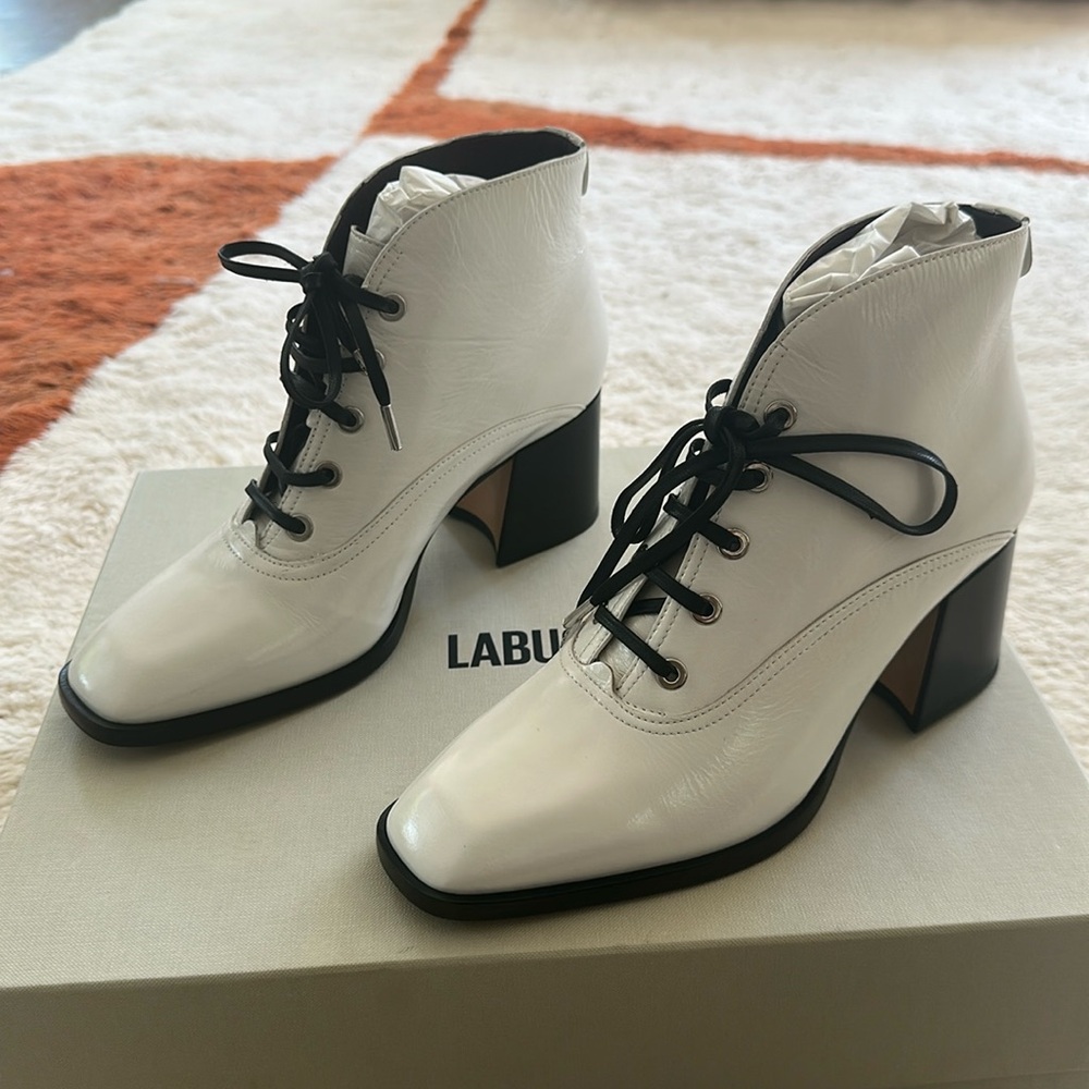 LABUCQ White Patent Lace Up Ankle Boots